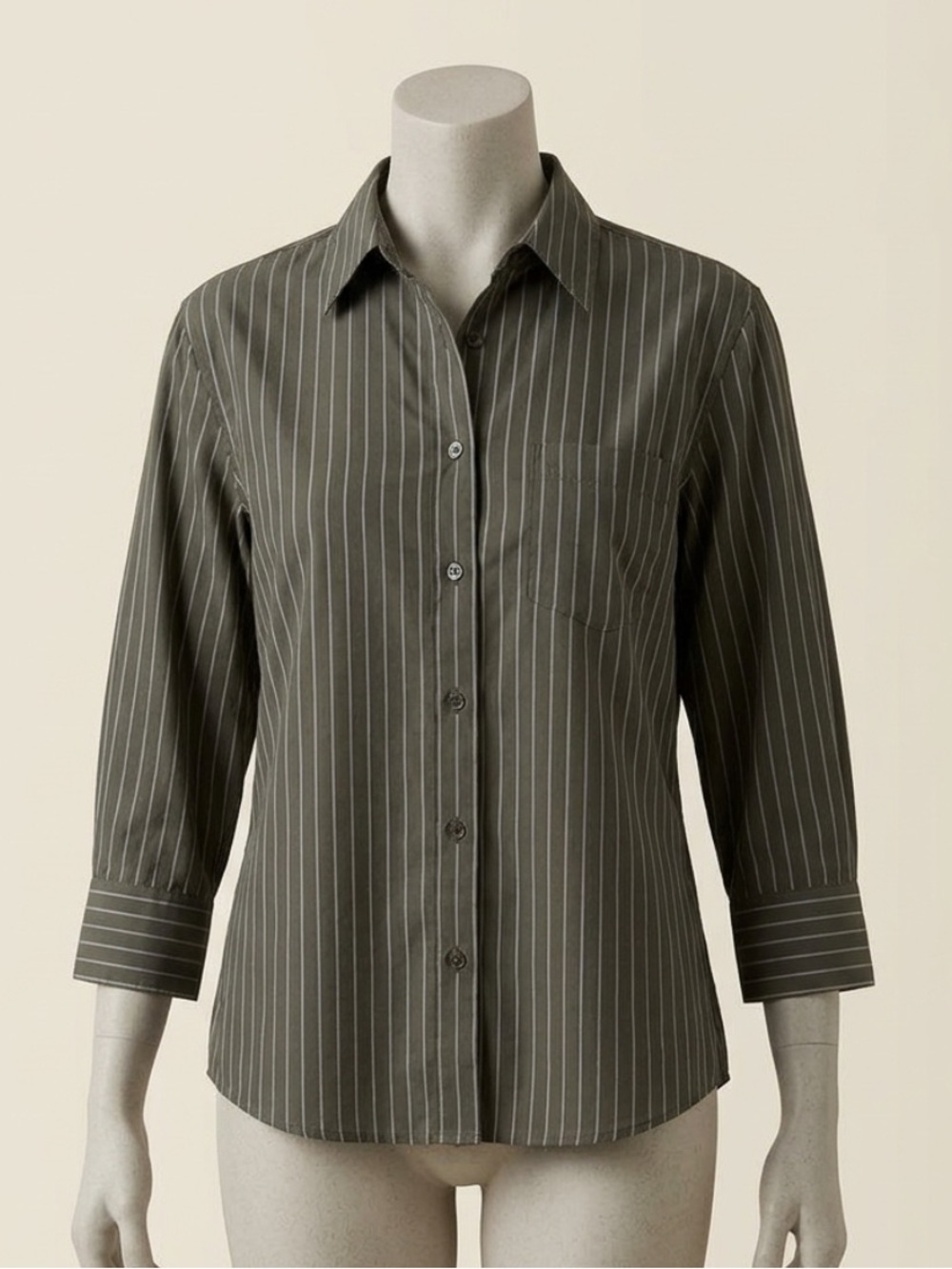 Tracy M Olive Pinstripe Button-Down Shirt